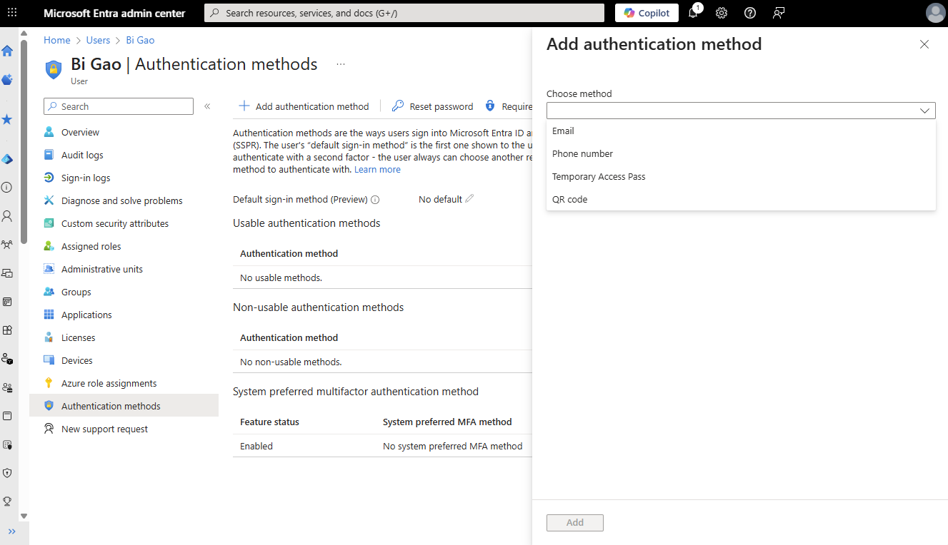 Microsoft Entra Seite Authentication methods mit Detailansicht einer Benutzermethode