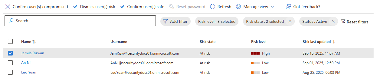 Microsoft Entra Liste Risky users mit Risikostufe und Risikostatus