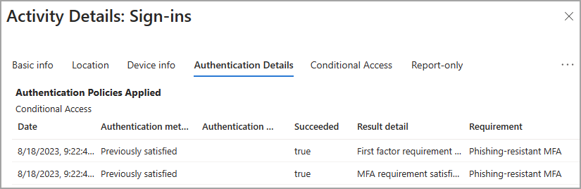Microsoft Entra Registerkarte Authentifizierungsdetails